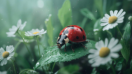 ladybug on green grass with daisy flowers and raindropsの写真素材
