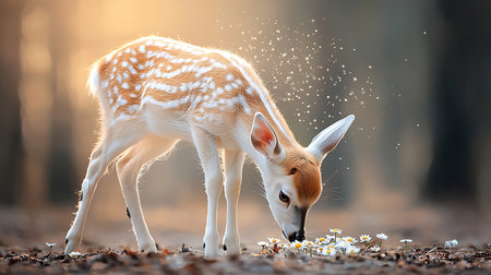 Young whitetail fawn with white flowers in the forest.の写真素材