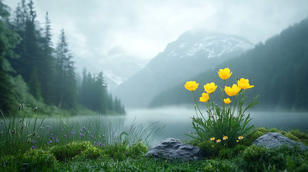 Beautiful spring landscape with yellow tulips on foggy mountain lakeの写真素材