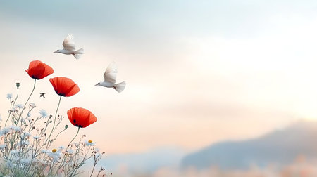 Red poppies and white birds on a background of blue skyの写真素材