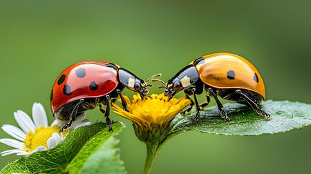 Two ladybugs mating on a green leaf with flowers in the background