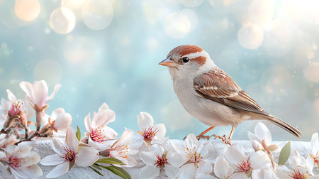 Sparrow on the background of spring flowers and bokehの写真素材