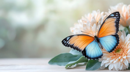 Butterfly with flowers on wooden table. Space for text.の写真素材