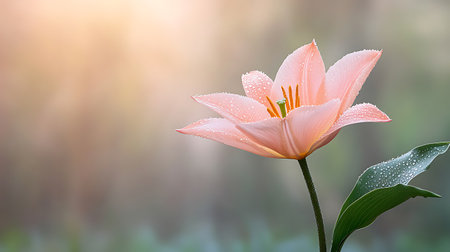 Beautiful pink lily flower with dew drops on the petals.の写真素材