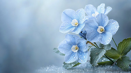 Beautiful blue flowers with water drops on bokeh background.