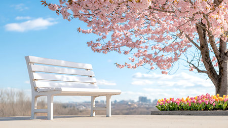 White bench in front of blooming sakura tree with blue skyの写真素材
