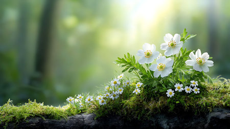 White wood anemone (Anemone nemorosa) flowers on green moss background