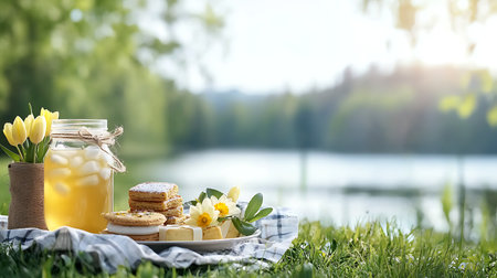Homemade lemonade with daffodils and cookies on nature backgroundの写真素材