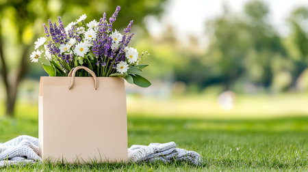 Lavender bouquet in paper bag on green grass in parkの写真素材