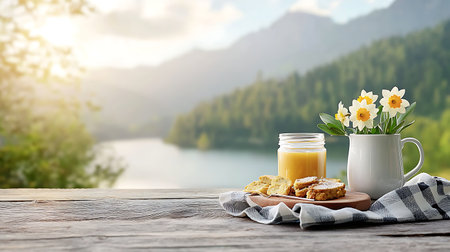 Breakfast with milk and cookies on wooden table in front of lakeの写真素材