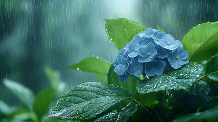 Hydrangea flower in rain with rain drops on green background.の写真素材