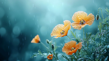 Beautiful poppies with rain drops on a green background.の写真素材