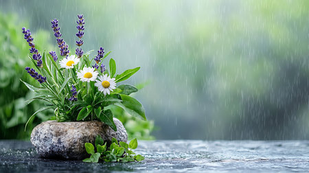 Lavender and daisy flowers in a stone pot with water dropsの写真素材