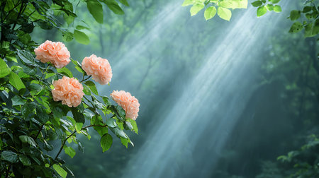 Beautiful roses blooming in the garden, natural background with space for textの写真素材