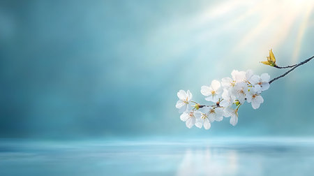 cherry blossom on a blue background with sun rays and copy space