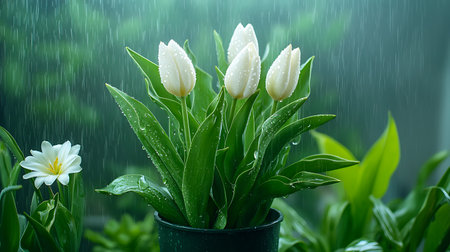 White tulips in a pot with raindrops on a green backgroundの写真素材