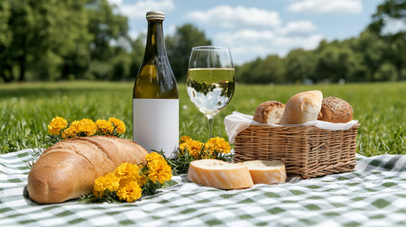 Wine, bread and flowers on a picnic blanket in the parkの写真素材