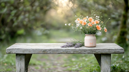 Bouquet of flowers in a vase on a wooden bench in the gardenの写真素材