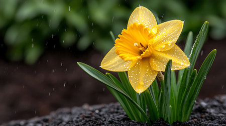 Yellow daffodil (Narcissus) in the rain