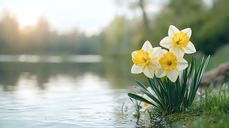 Daffodils on a background of green grass and waterの写真素材