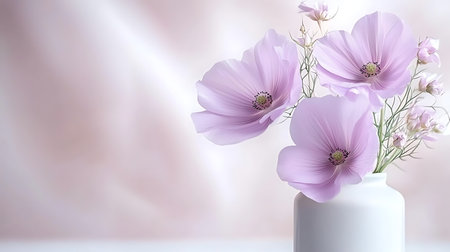 Pink flowers in a vase on a light background. Place for text.の写真素材