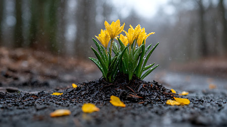 Yellow crocuses growing in the rain. Early spring concept.