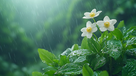 Beautiful white anemone flowers with rain drops on green backgroundの写真素材