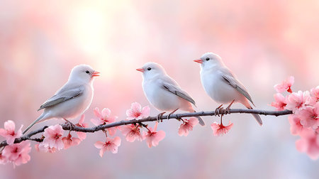 Two white birds on a cherry blossom branch in the spring timeの写真素材