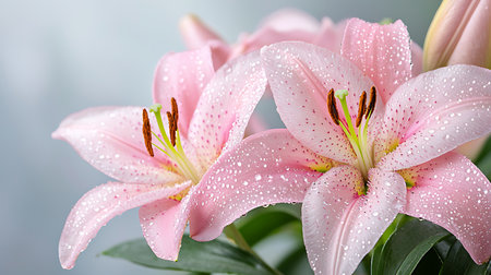 Beautiful pink lily flowers with drops of water, closeupの写真素材