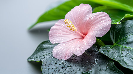 Pink hibiscus flower with water drops on green leaves.の写真素材