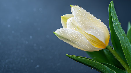 White tulips with water drops on a dark background. Place for text.の写真素材