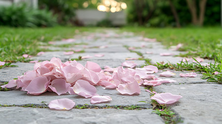 pink rose petals on the stone walkway in the gardenの写真素材