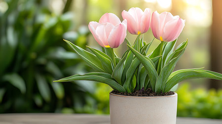 Pink tulips in flowerpot on wooden table with blurred background.の写真素材