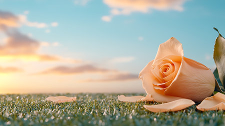Orange rose on green grass with blue sky and white clouds background.の写真素材