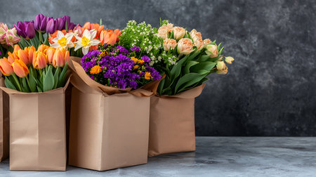 Bouquet of spring flowers in paper bags on a concrete backgroundの写真素材