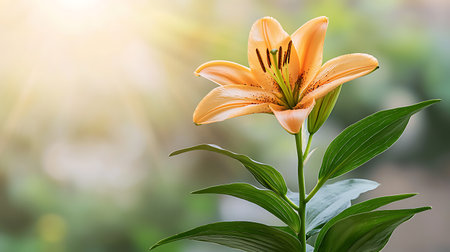 Beautiful orange lily flower on green nature background with copy spaceの写真素材