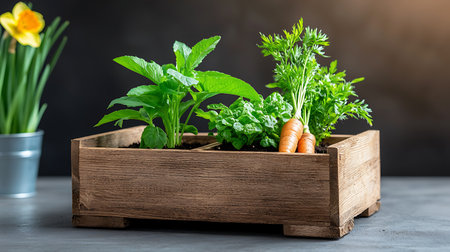 Fresh herbs in wooden box on black background. Gardening concept.の写真素材