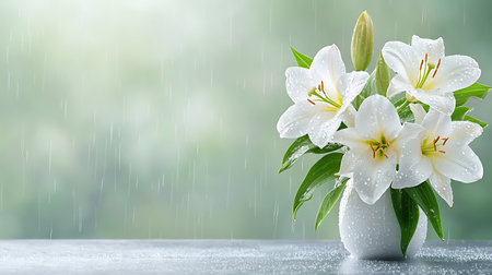Beautiful lily flowers in vase on table against blurred backgroundの写真素材
