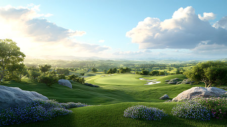 Golf course with green grass and blue flowers. 3d renderの写真素材