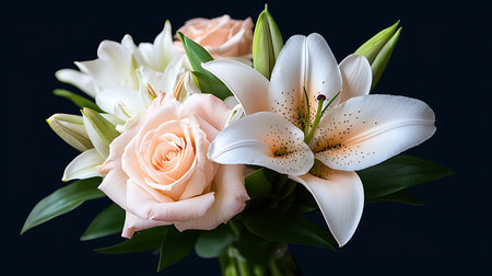 Bouquet of white and pink lilies on a black backgroundの写真素材