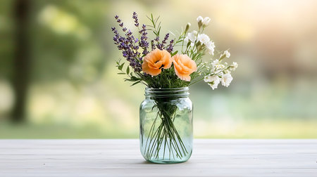 Bouquet of flowers in a glass jar on a wooden tableの写真素材