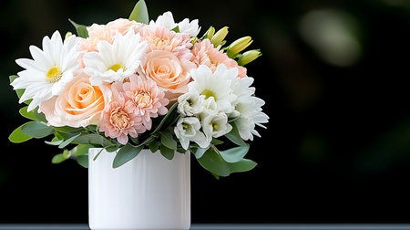 Bouquet of flowers in white vase on dark background.の写真素材