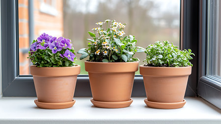 Flowers in terracotta pots on a windowsill. Spring flowers.の写真素材