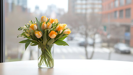 Bouquet of tulips in a vase on a tableの写真素材