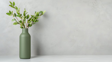 Green vase with green leaves on white table, concrete wall background.の写真素材