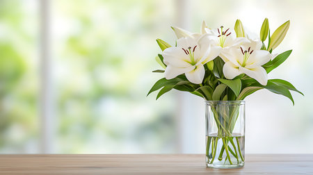 Bouquet of white lilies in glass vase on wooden tableの写真素材
