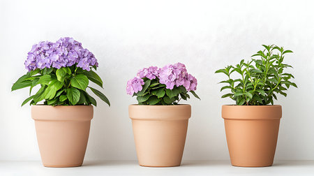 Purple hydrangea flowers in flowerpots on white shelfの写真素材