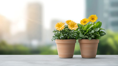 Gerbera flowers in terracotta pots on the table with cityscape background