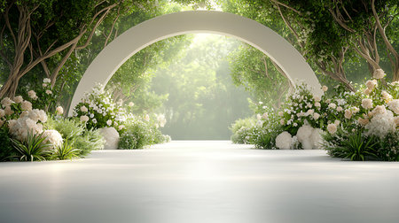 3d render of fantasy garden with arch and white flowers in the gardenの写真素材