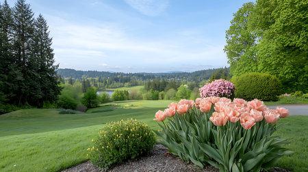 Beautiful spring landscape with blooming tulips in the garden.の写真素材